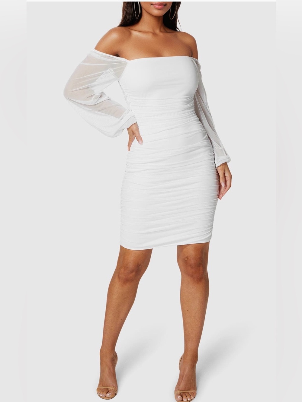 Bebe White Ruched Off the Shoulder Bodycon Dress M-NWT
